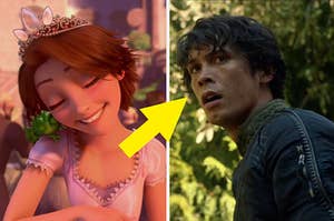 Rapunzel and Pascal from Tangled on the left with a big arrow pointing toward Bellamy from the 100 on the right 
