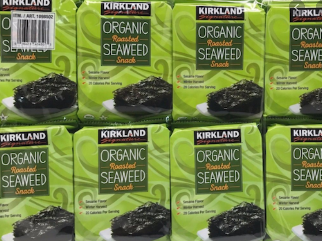 Bags of Kirkland seaweed snacks.