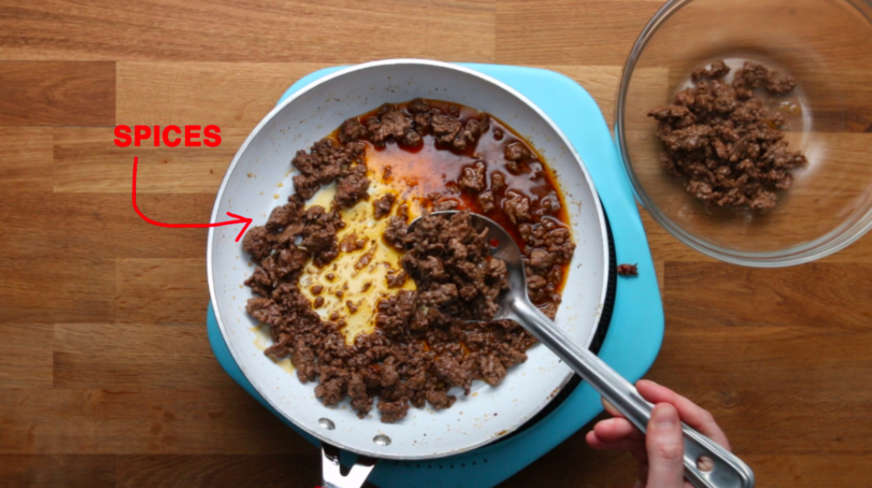 Ground meat browning in a pan