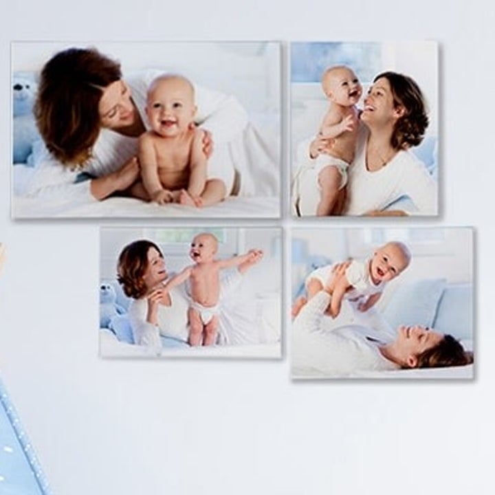 Four different sized rectangular prints of photos of a mom and baby