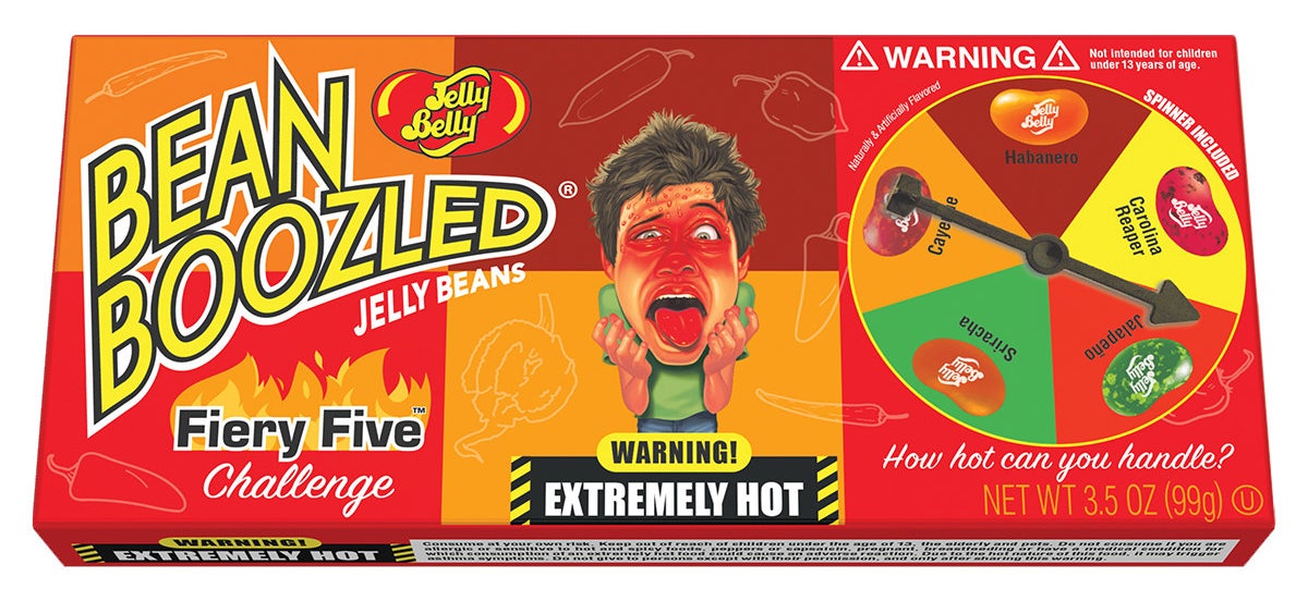 The box, which has a character with a red face with its tongue out after eating a spicy jelly bean