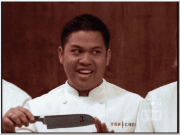 A contestant on &quot;Top Chef&quot; excitedly gets ready to cook.