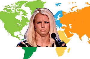 Britney Spears with a confused expression on her face and an illustration of a world map in the background