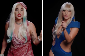 Lady Gaga在潜在选民在她肉衣服和衣服的扑克脸