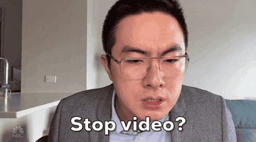 Bowen Yang looks into his screen during a video call and asks, &quot;Stop video?&quot; on SNL