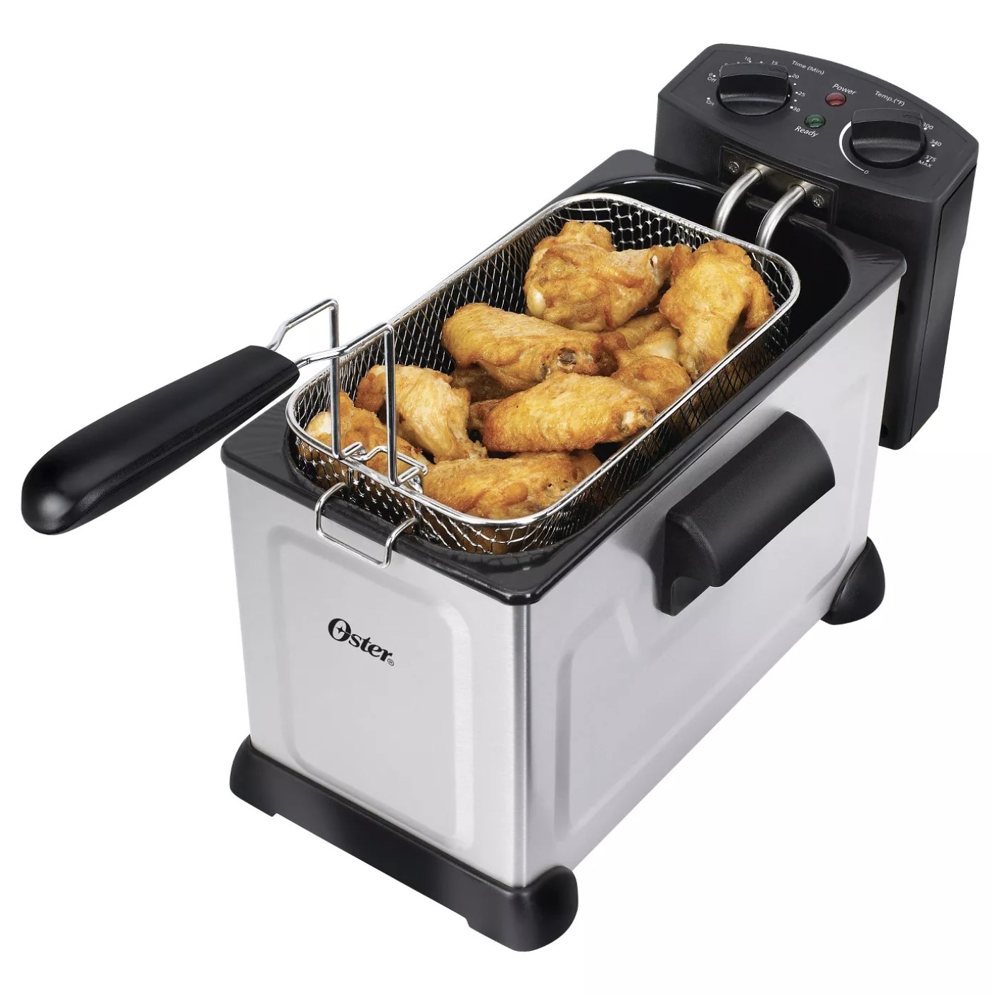 A deep fryer with chicken inside the basket