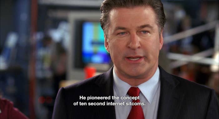 A man speaking and the caption text &quot;He pioneered the concept of ten second internet sitcoms&quot;
