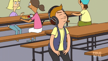 Jimmy, Jr. dances by himself with his headphones on in the cafeteria on Bob&#x27;s Burgers