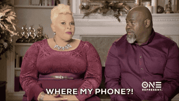 Tamela Mann pats her sides and lap as she asks, &quot;Where my phone!?&quot; on Mann &amp;amp; Wife