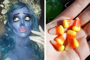 Side by side of Halsey wearing a Corpse Bride makeup look and a hand holding Candy Corn