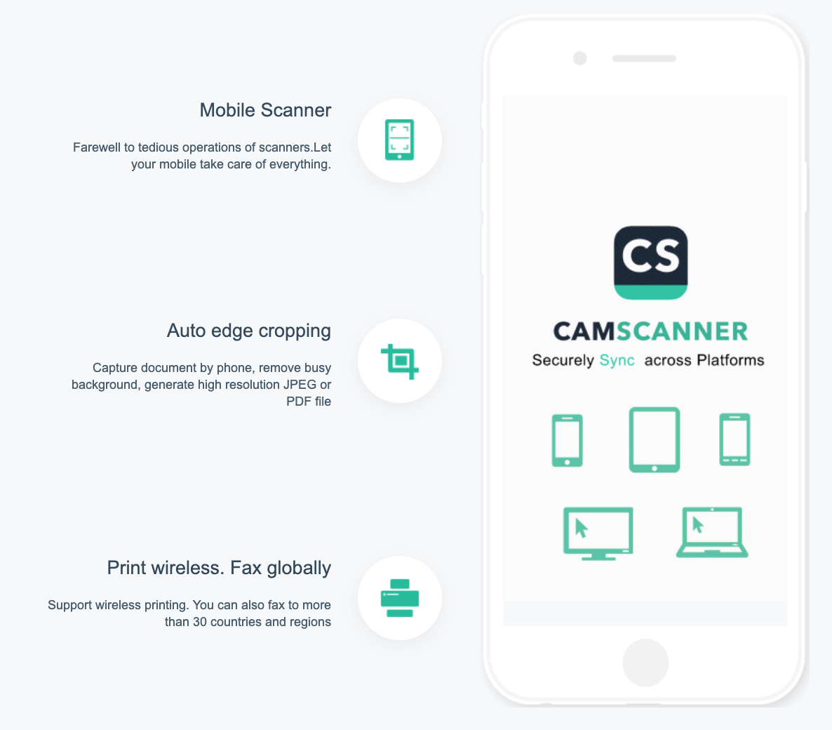 A screenshot of the CamScanner site, showing the mobile scanner, Auto edge cropping, and wireless printing features