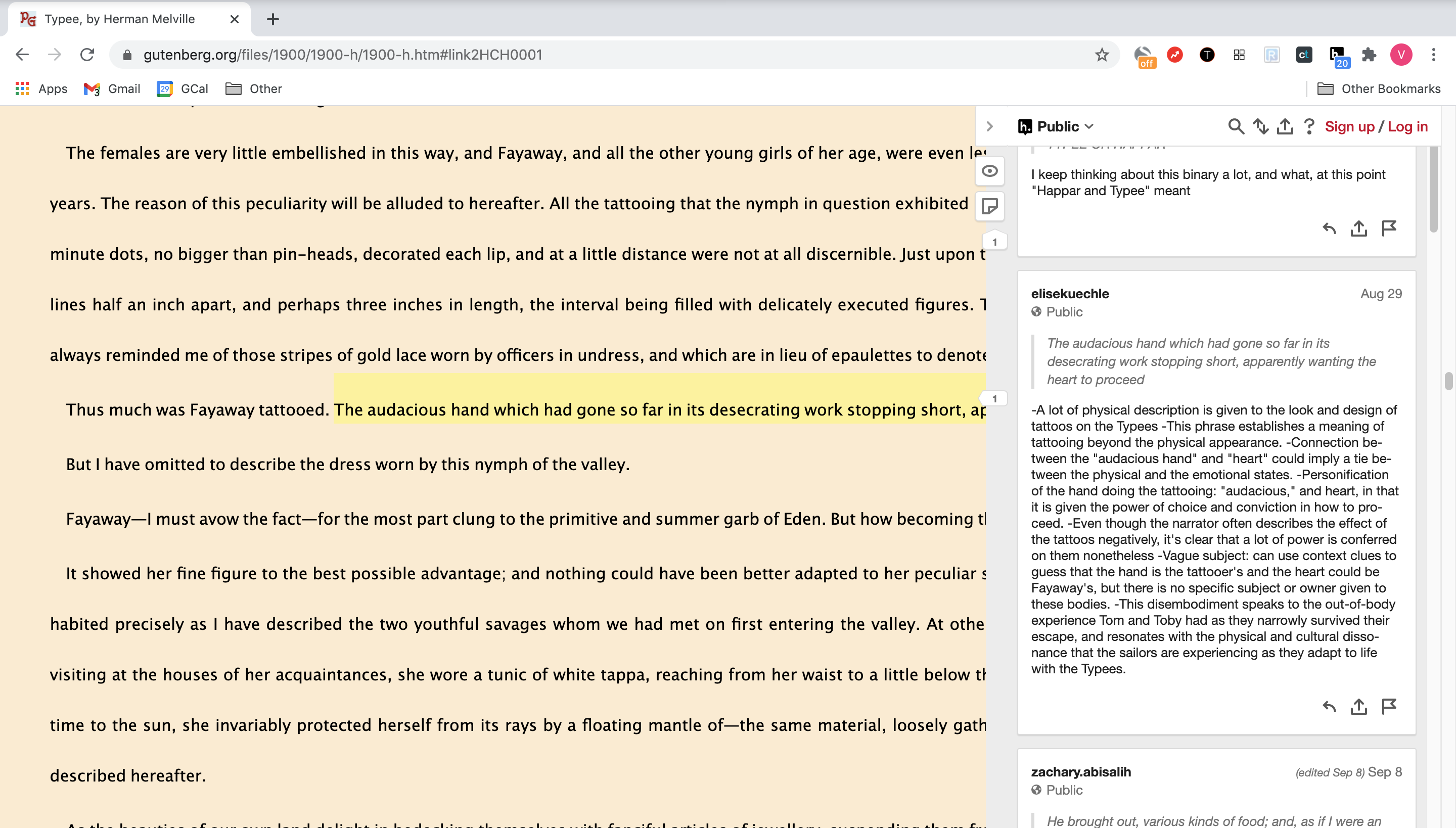 A screenshot of the Hypothesis extension showing a sidebar with annotations over a text version of Herman Melville&#x27;s &quot;Typee&quot; on Project Gutenberg