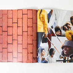 Two of the pages in brick print and a collage of photos of people