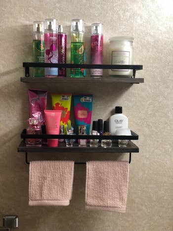 Reviewer photo of the shelf, which has a built-in towel rack