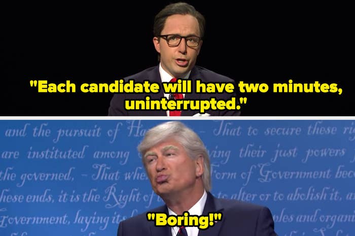 Wallace saying, "Each candidate will have two minutes uninterrupted" and Trump saying, "Boring!"