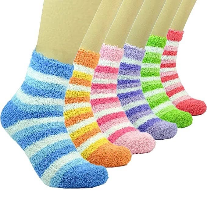 Multi-colour striped fuzzy socks.