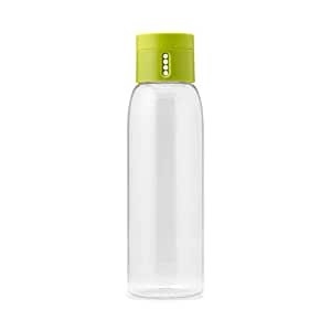 Transparent glass bottle with a green lid.