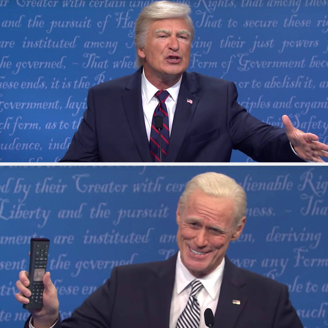 Trump frozen, and Biden holding up a remote