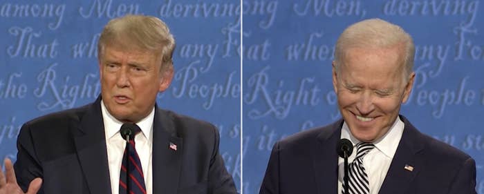 Trump talking and Biden smiling and looking down