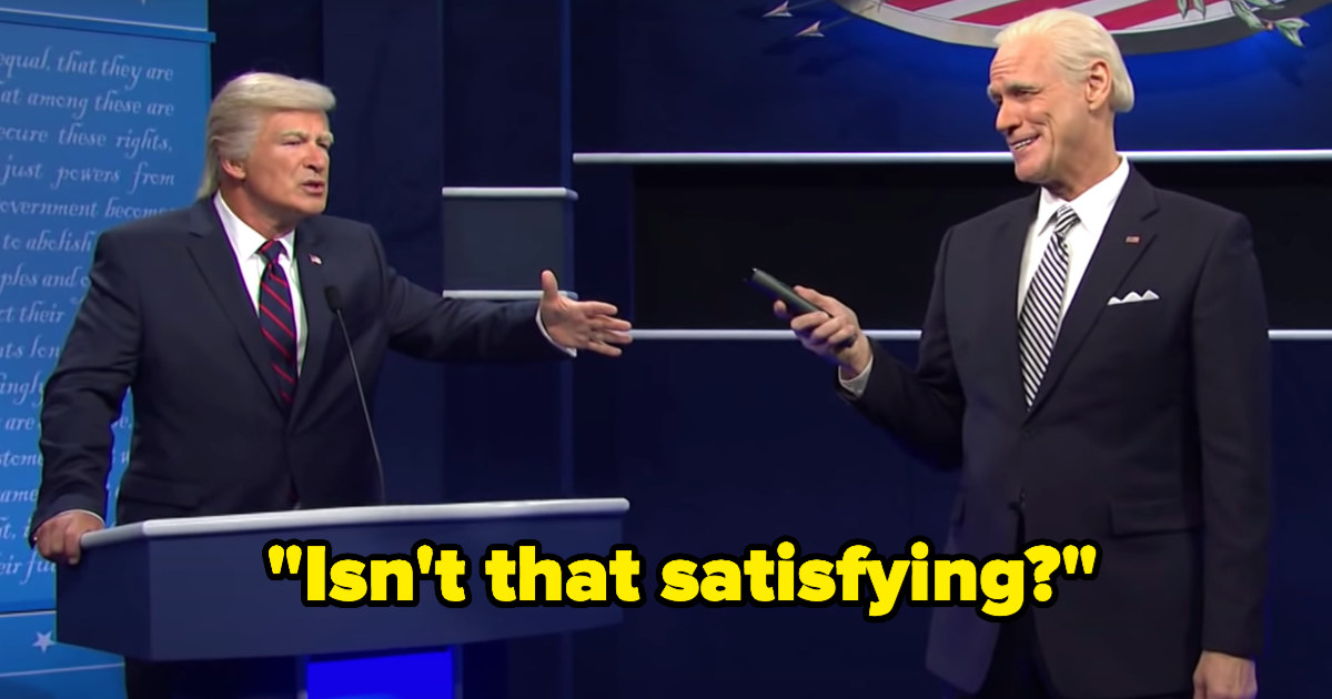 Trump frozen, and Biden saying, "Isn't that satisfying?"