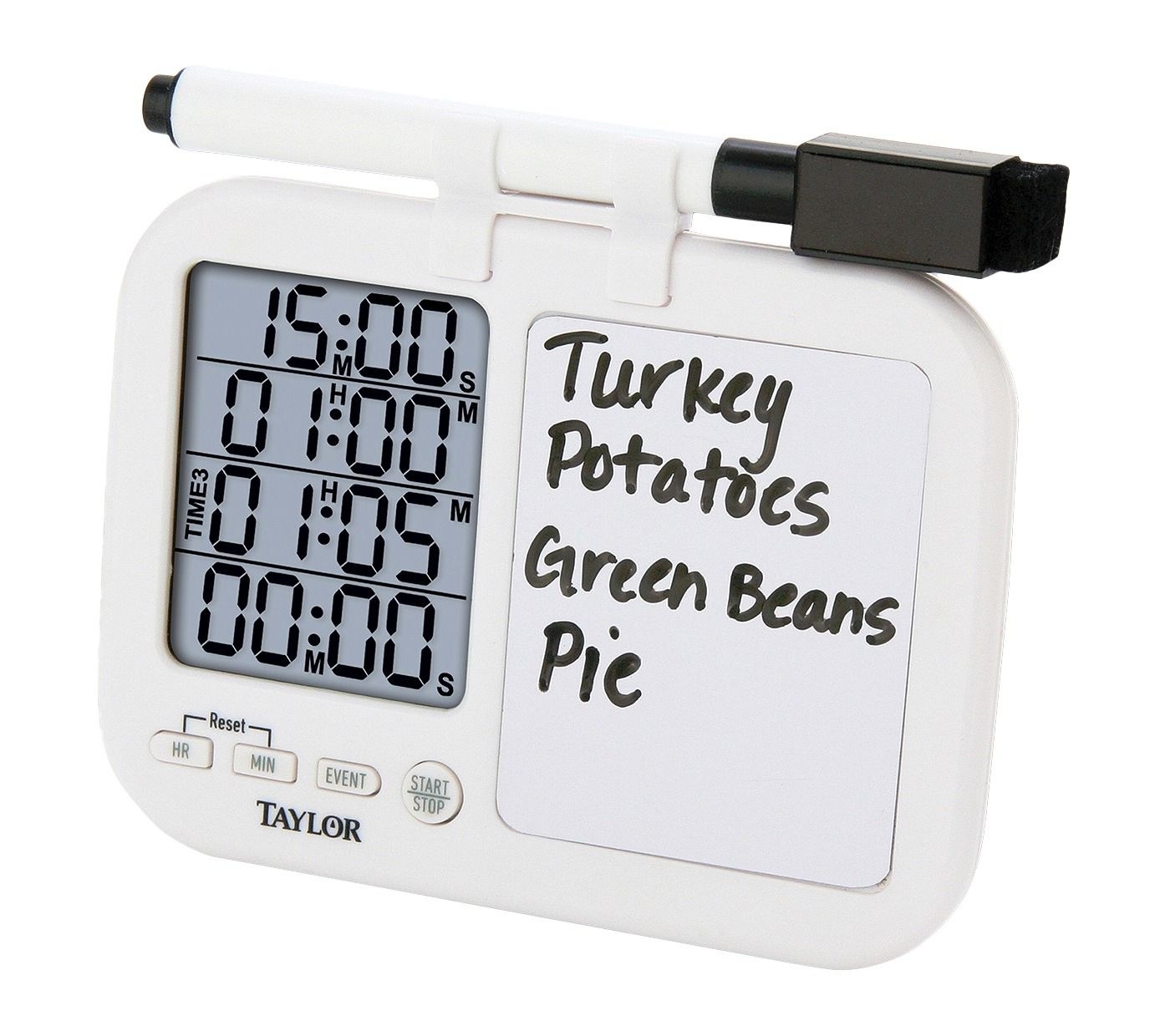 The small rectangular timer, with a digital screen with four countdown clocks, as well as a small whiteboard and dry-erase pen holder