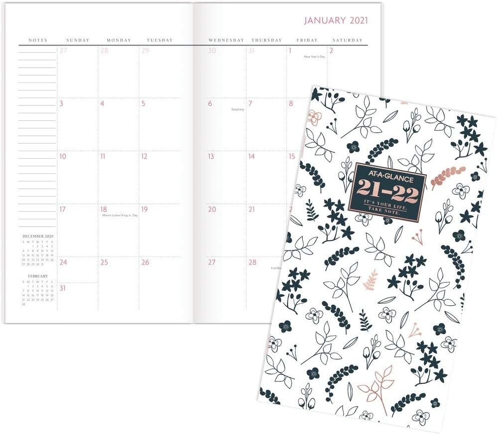 A pocket calendar with a flower design for 2021 to 2022