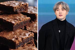 A pile of brownies are on the left with a K-Pop singer on the right