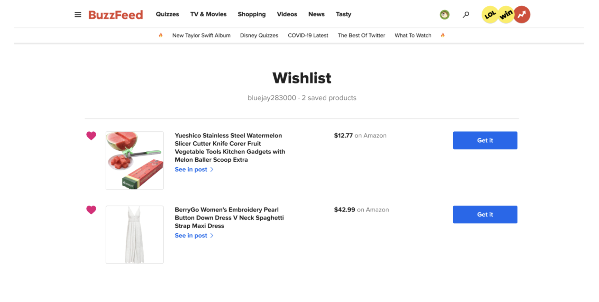 Screenshot of the wishlist in desktop mode