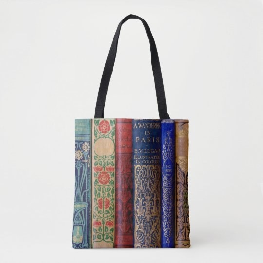 a tote bag designed to look like a shelf of vintage books