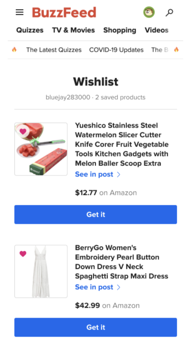 Screenshot of the wishlist in mobile mode, showing two products and a &quot;get it&quot; button next to each, as well as a &quot;heart&quot; next to each 
