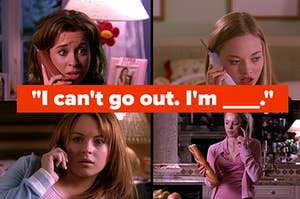 Four girls are on a split call labeled "I can't go out. I'm ___."