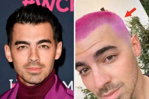 Joe Jonas next to his pink hair selfie
