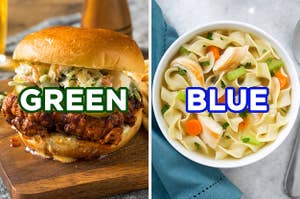 On the left, a crispy chicken sandwich labeled "green," and on the right, a bowl of chicken noodle soup labeled "blue"