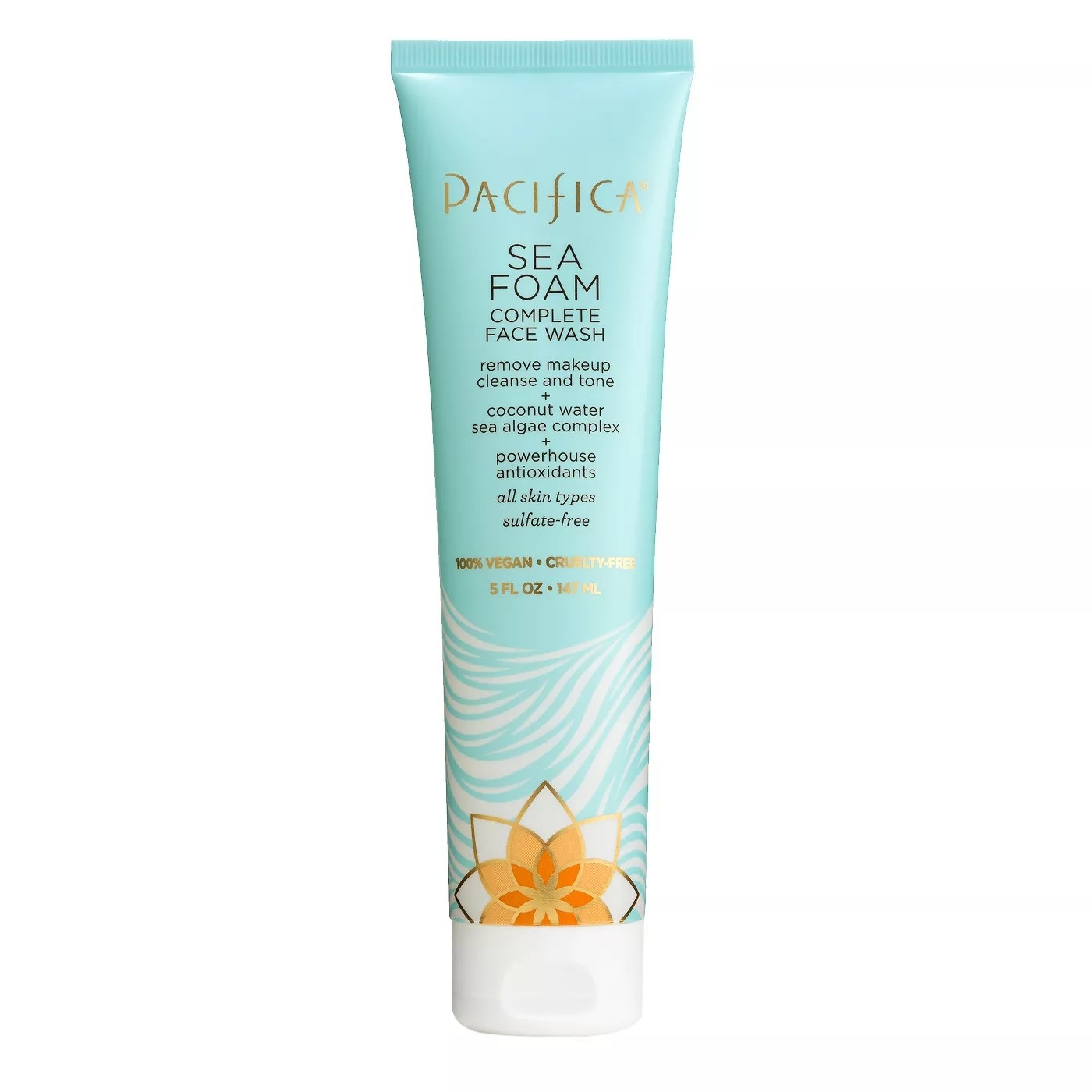 Pacifica Sea Foam Complete Face Wash removes makeup, cleanses, and tones all skin types with coconut water, sea algae complex, and a powerhouse of antioxidants
