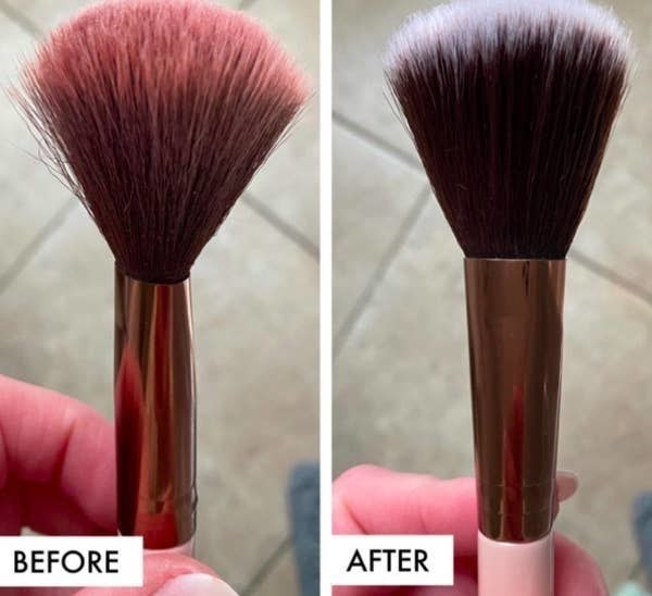 On the left, a reviewer holding their dirty makeup brush, and on the right, the same makeup brush now looking clean
