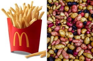 On the left, fries from McDonald's, and on the right, various potatoes
