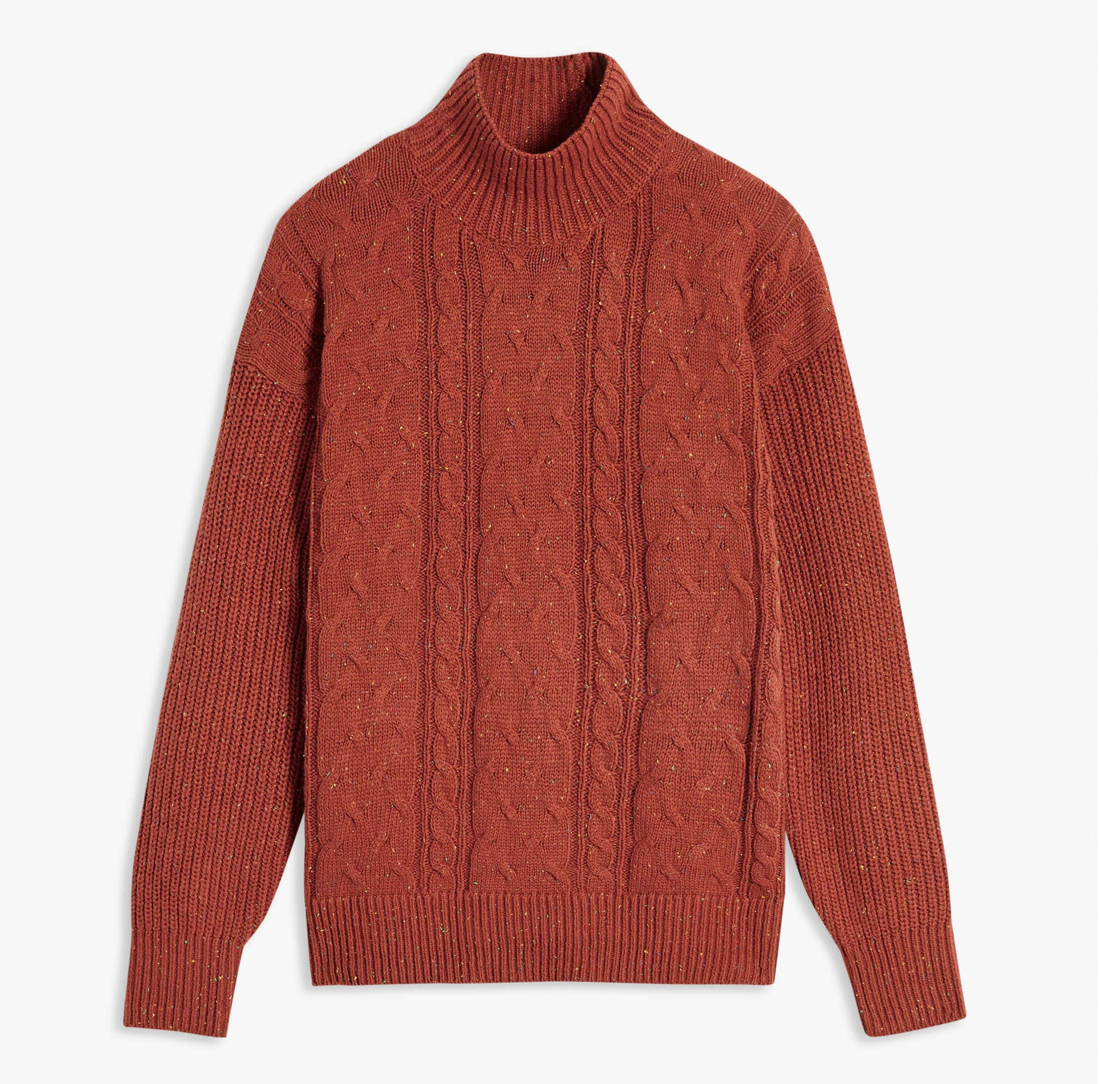 A red cable knite turtleneck sweater