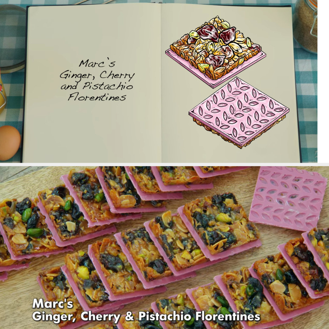 A drawing of Marc&#x27;s Florentines which are decorated with a square of ruby chocolate side by side with his finished bake