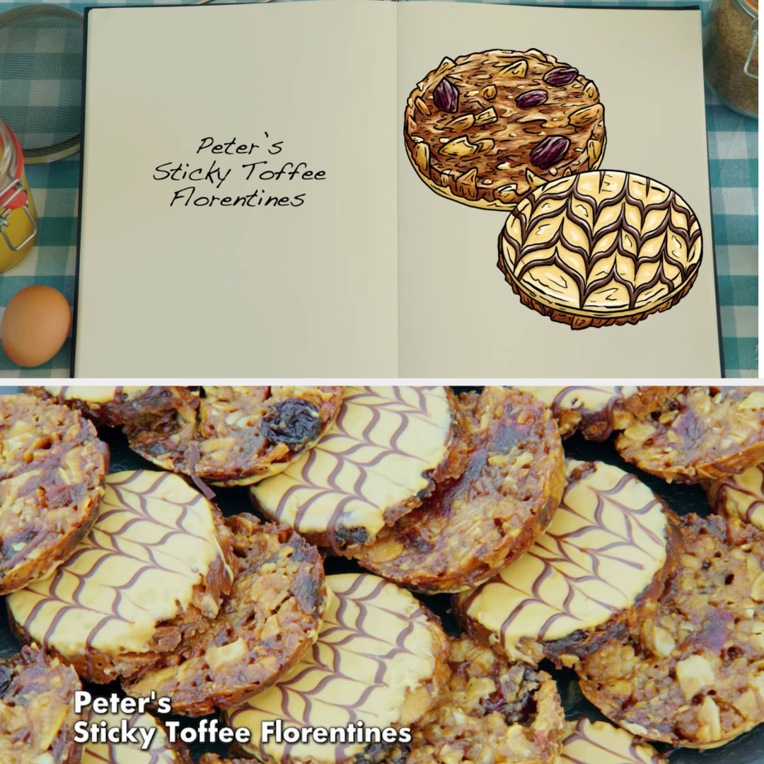 A drawing of Peter&#x27;s Sticky Toffee Florentine which is decorated with a feathering technique side by side with his actual bake