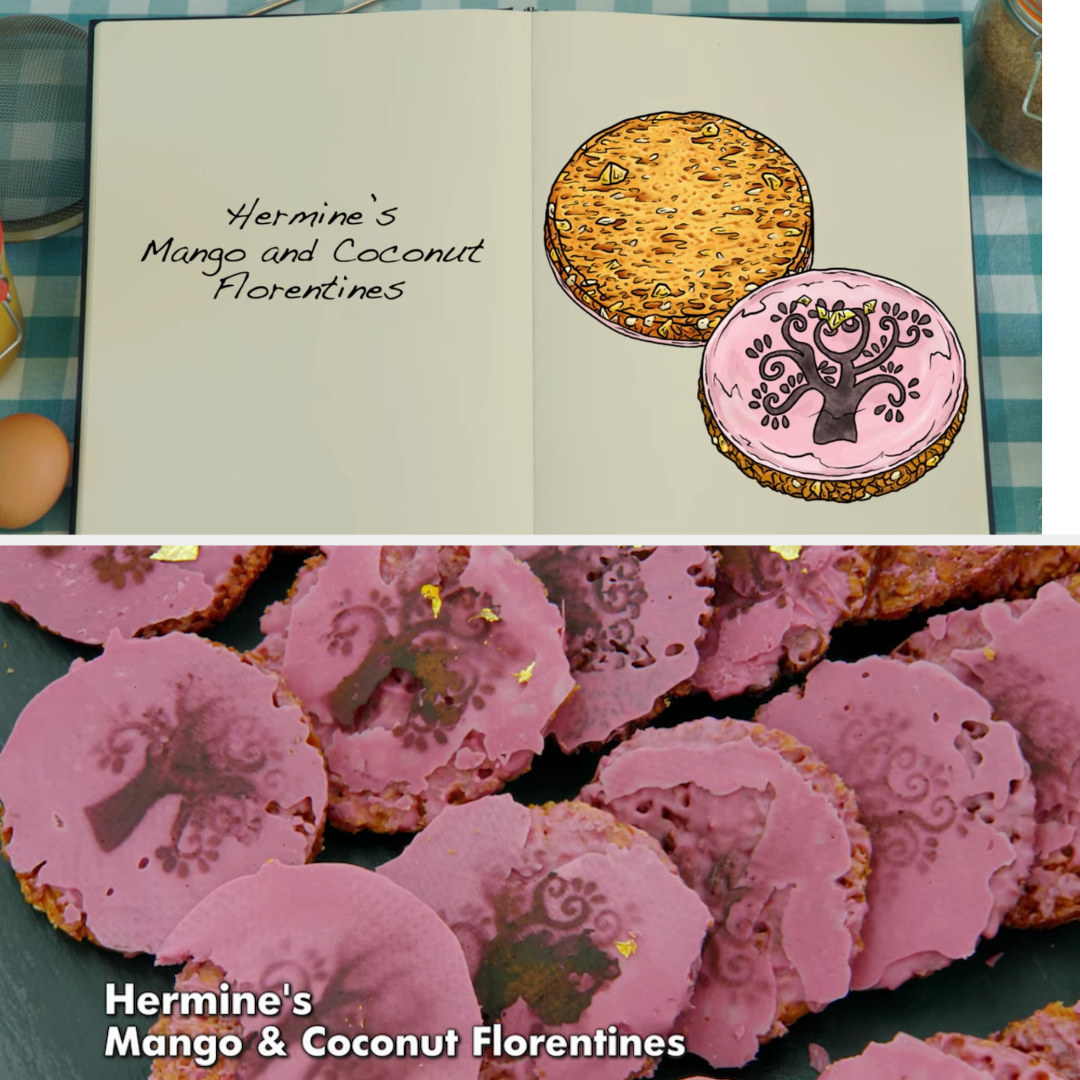 Hermine&#x27;s Florentines which are Mango and Coconut flavored, with a pink coating and a brown tree decoration in the drawing side-by-side with the actual bake