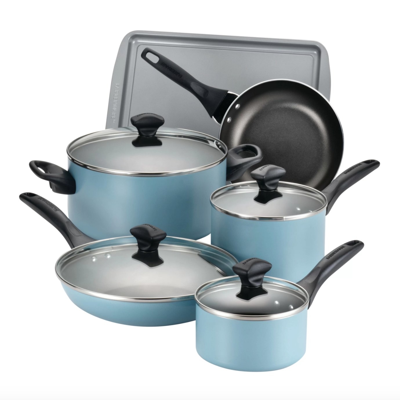 The cookware set in light blue