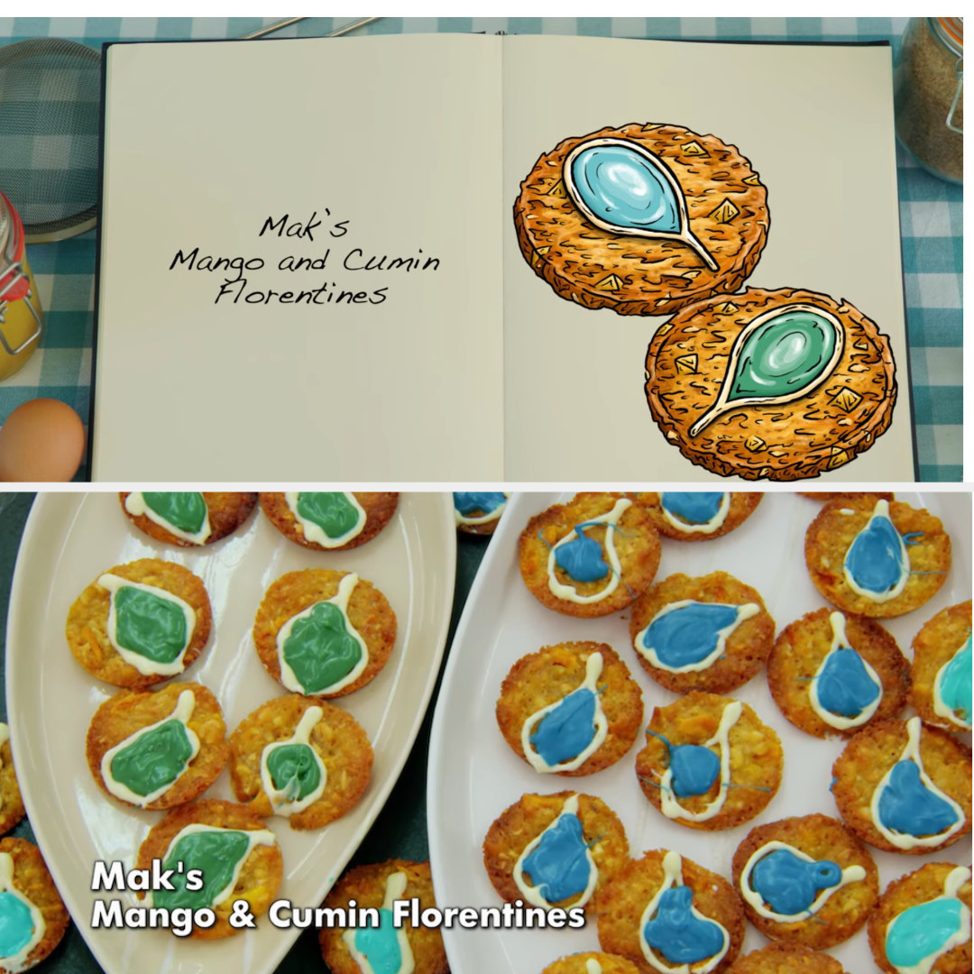 A drawing of Mak&#x27;s Florentines which are decorated to look like blue and green peacock feathers side by side with his finished bake