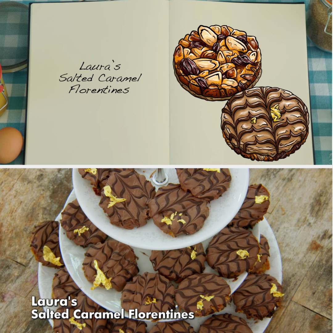 A drawing of Laura&#x27;s Florentines which are decorated with chocolate feathering and small gold leaves side by side with her finished bake