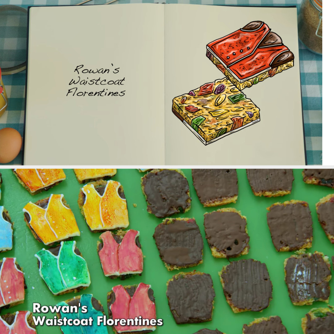 A drawing of Rowan&#x27;s Florentines which were decorated to look like colorful waistcoats, although he couldn&#x27;t complete all of them, side by side with his finished bake