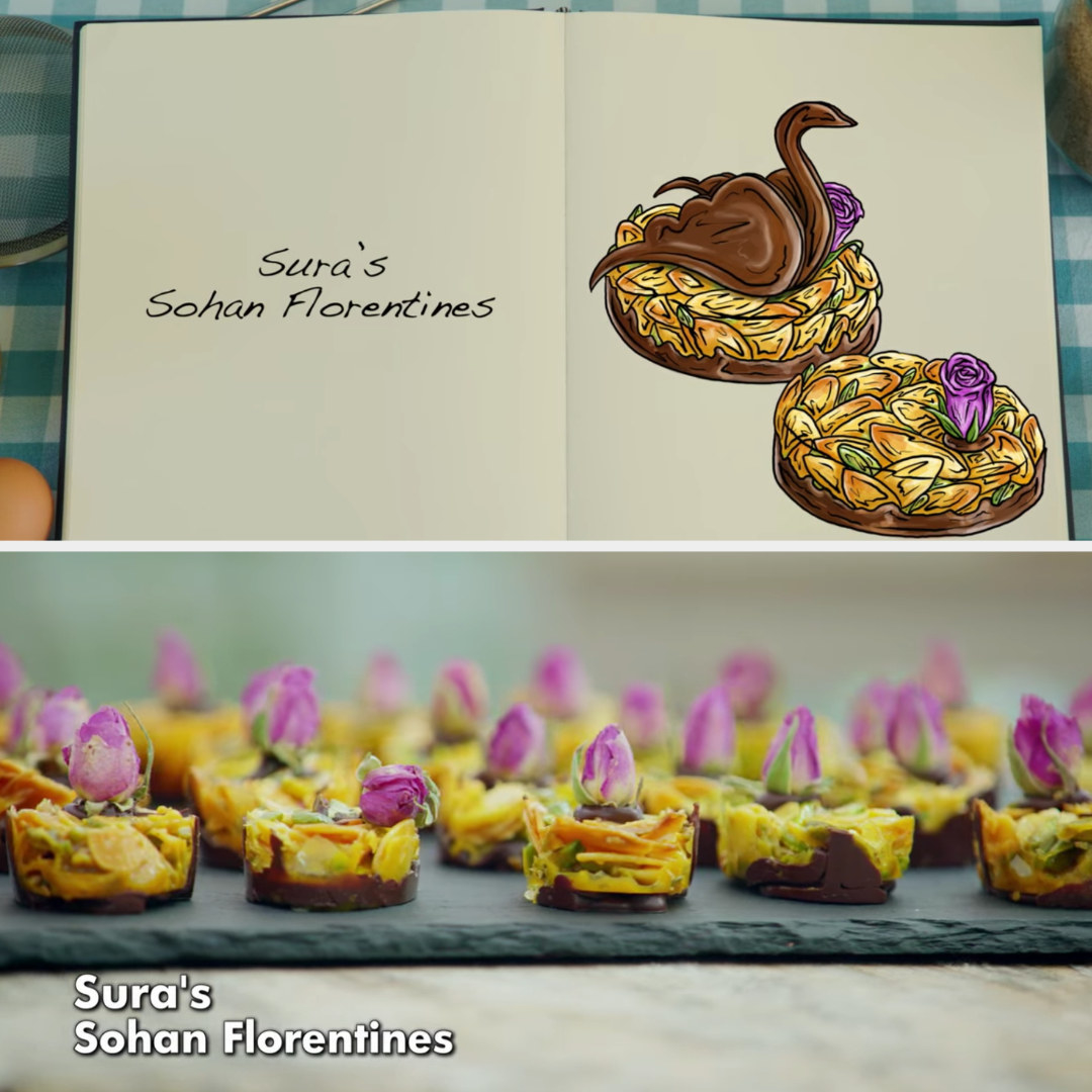 A drawing of Sura&#x27;s Florentines which are decorated with a small flower side by side with her finished bake