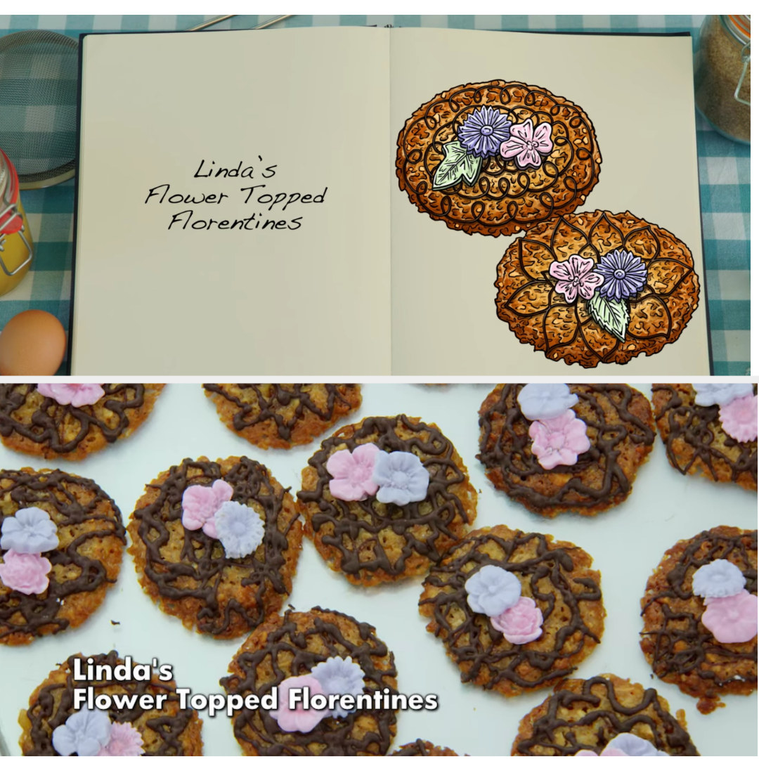 A drawing of Linda&#x27;s Florentines which are decorated with chocolate piping and small flowers side by side with her finished bake