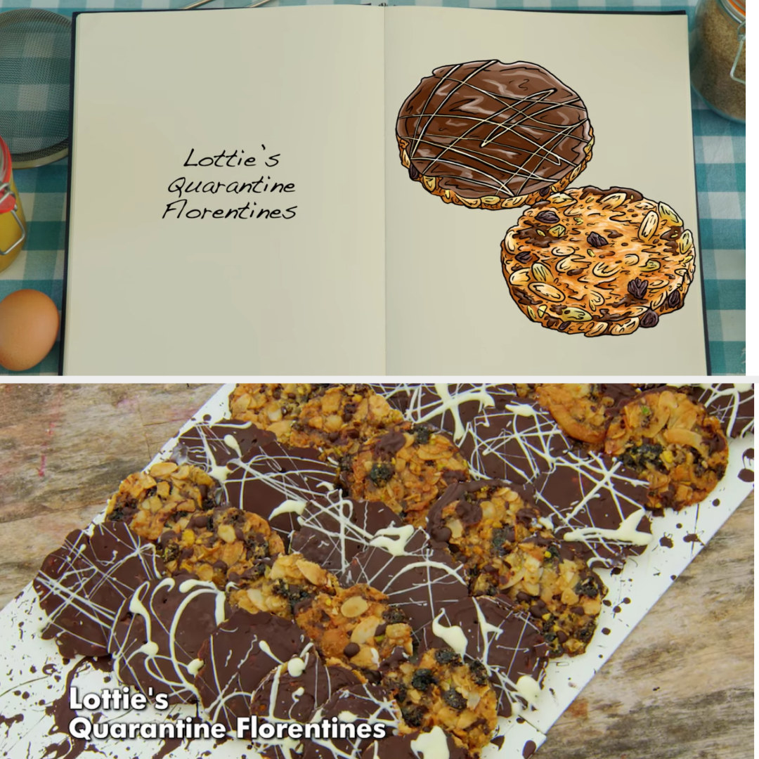 A drawing of Lottie&#x27;s Florentines which are decorated with white chocolate splattered on the dark chocolate side by side with her finished bake