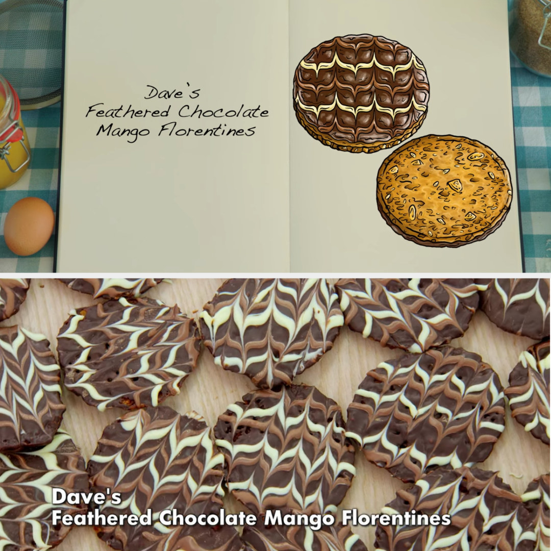 A drawing of Daves&#x27;s Florentines which are decorated with three kinds of chocolate feathering side by side with his finished bake