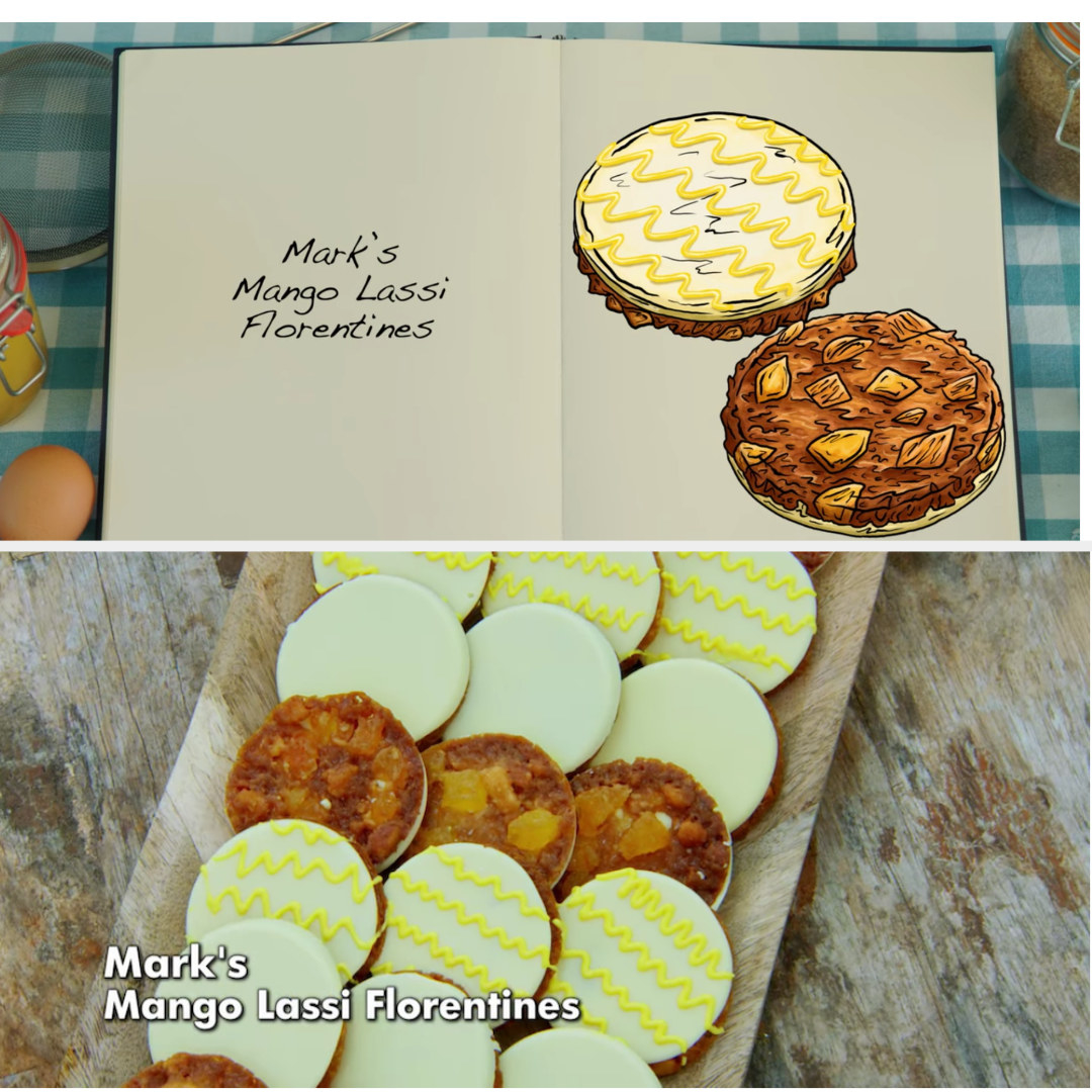 A drawing of Mark&#x27;s Florentines which are decorated with white chocolate with yellow zig zag stripe piping side by side with his finished bake