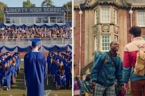 A high school graduation is on the left with two students on the right